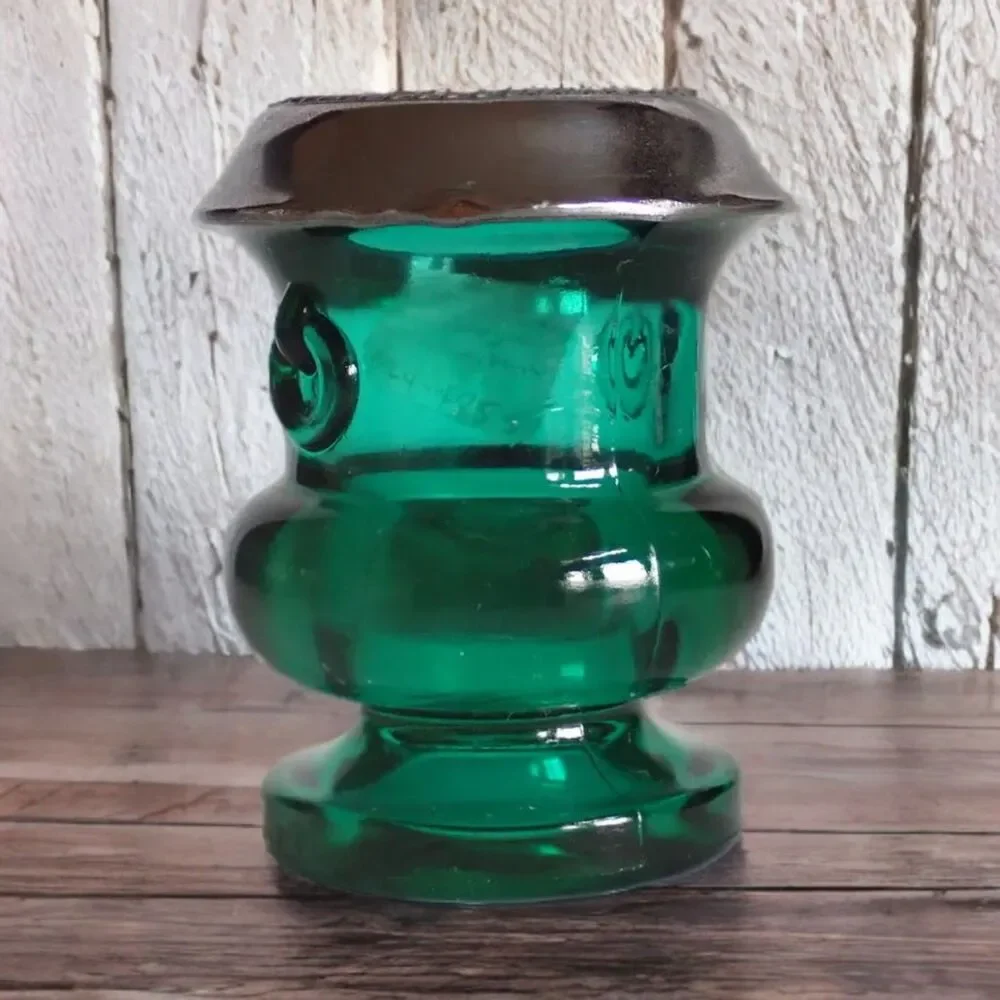 Vintage L E SMITH Green Glass Toothpick Holder Handles Thick Cauldron Silver Rim
